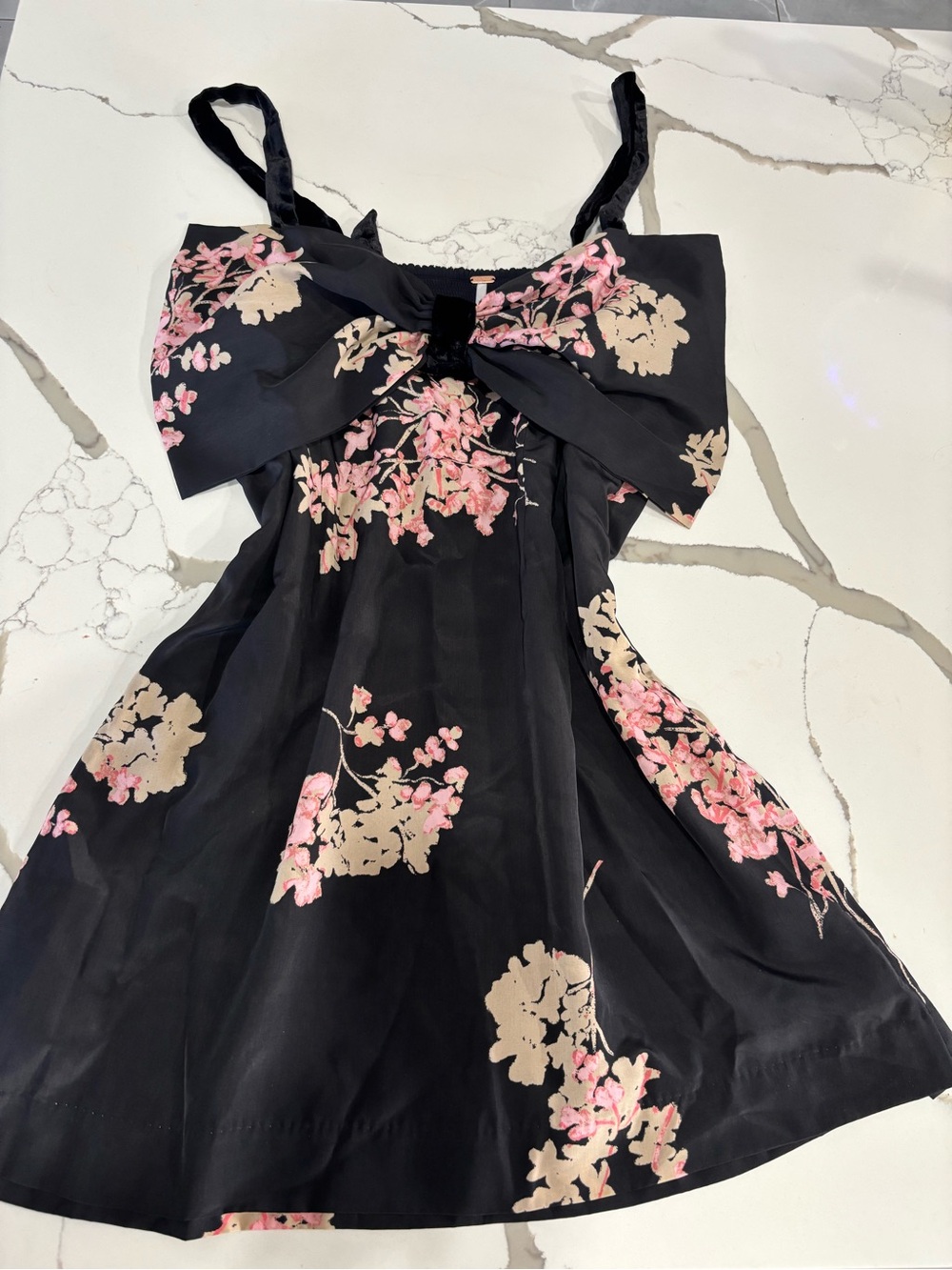 Black Floral Bow-Front Dress with Pink & Cream Blossoms